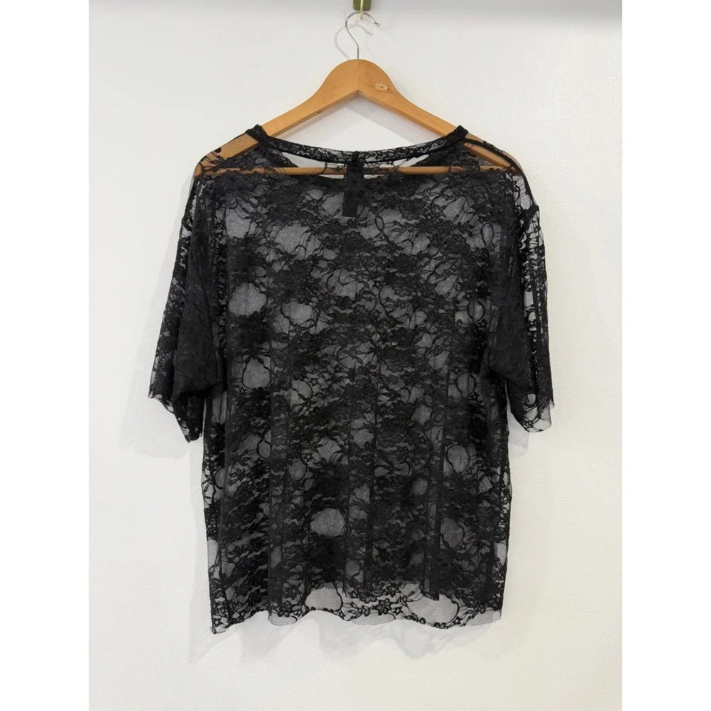 Agnes & Dora Black Floral Lace Sheer Short Sleeve Top Medium